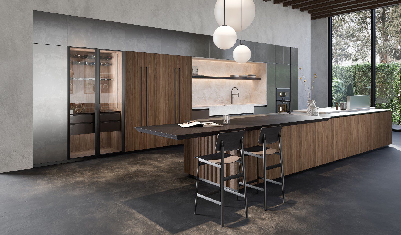Modern kitchen featuring fluted wood cabinetry, an extended island with chevron-patterned bar top, integrated glass wine cabinet, and illuminated backsplash with natural views.